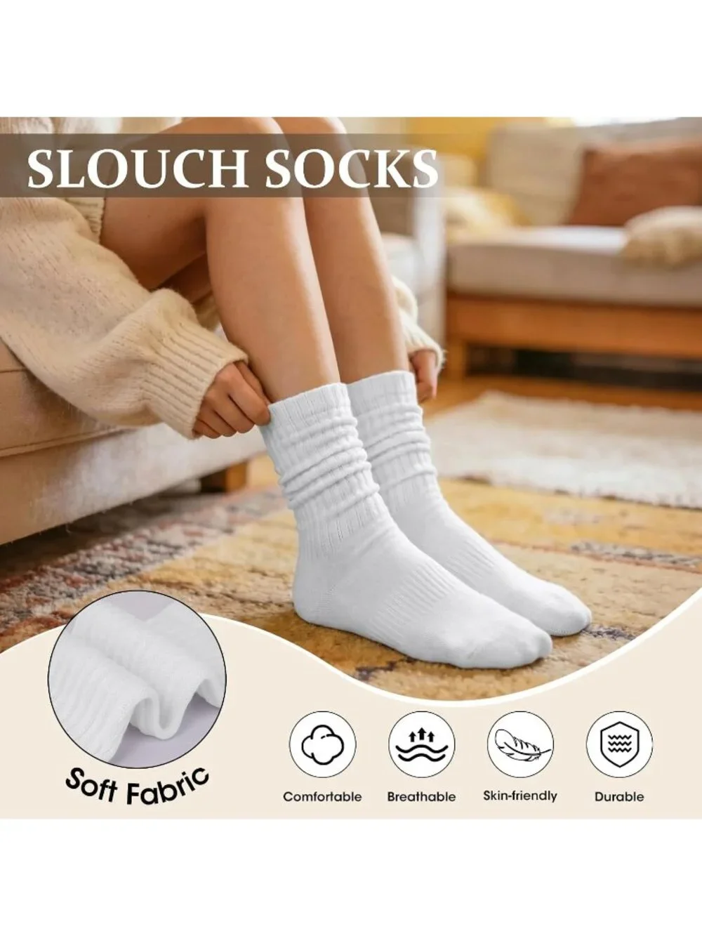 🧦Women's Brown White 5 Pair Slouchy Socks Slouch Cotton Crew Scrunch Socks